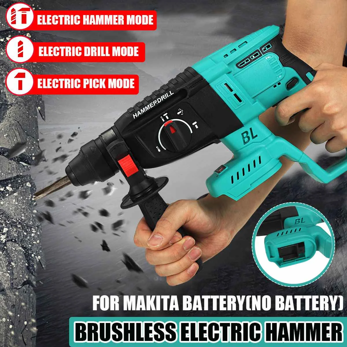 OceanHeart Brushless Electric Hammer 4 Functions Cordless Rechargeable Rotary Impact Drill Power Tools For Makita 18V Battery