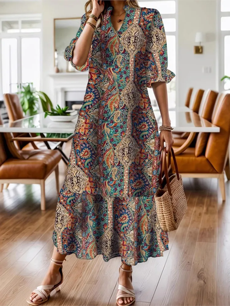 Summer New Boho Pring Dress 2025 Elegant V-neck Short Sleeve Long Dresses Loose Ethnic Style Big Swing Vacation Dress Robe Femme