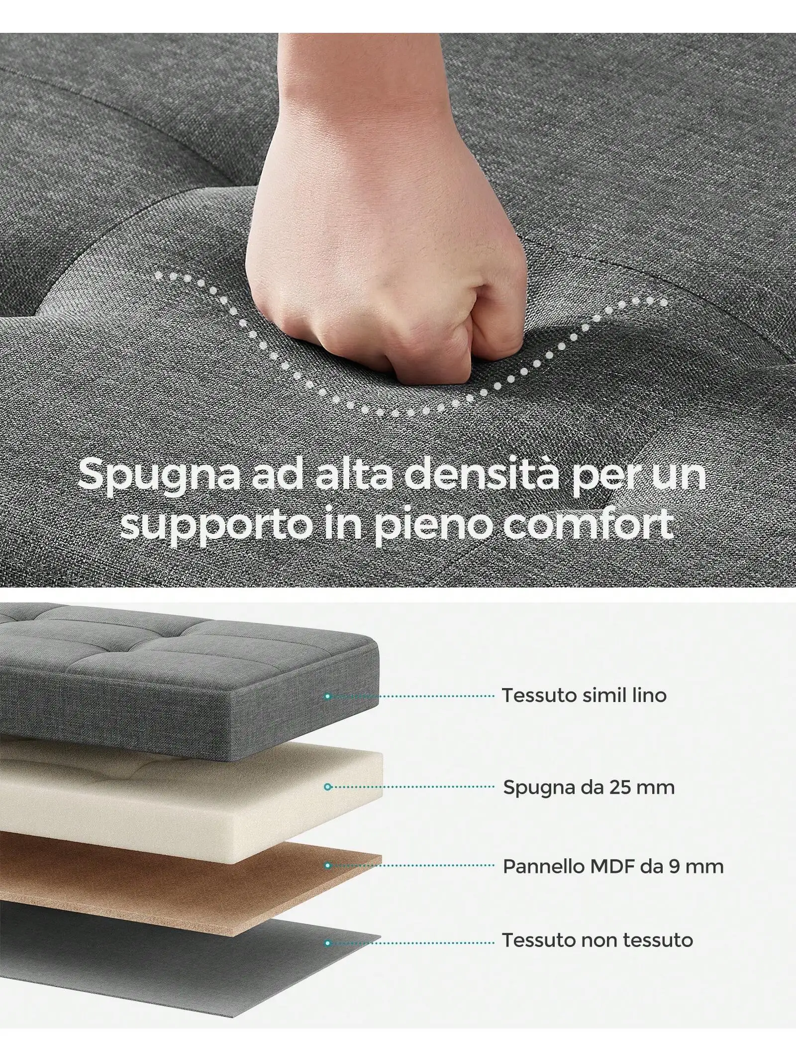 Pouf SONGMICS, scatola portaoggetti, sgabello con poggiapiedi, pieghevole, panca, 38x110x40 cm, per soggiorno e camera da letto