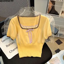 2024 Summer Stylish Sweater Women Knit T-shirt Pullover Short Sleeve Square Collar Bowtie Crop Tops Knitwear Fashion Chic Jumper