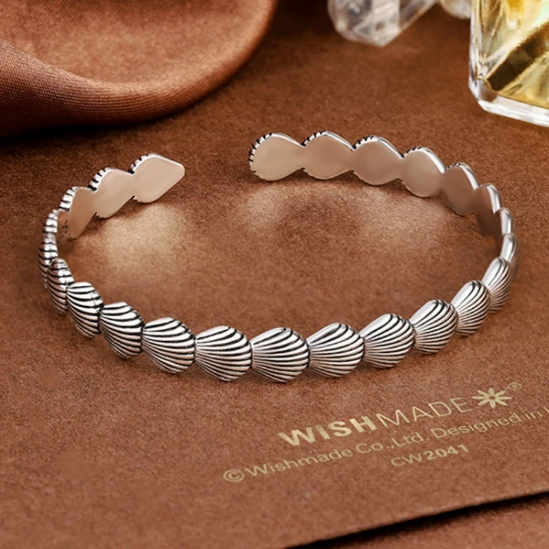 

S925 Sterling Silver Female Jewelry Sets Gray Conch Open Bangle Ring for Women Fashion Party Fine Jewelry Circle Gift