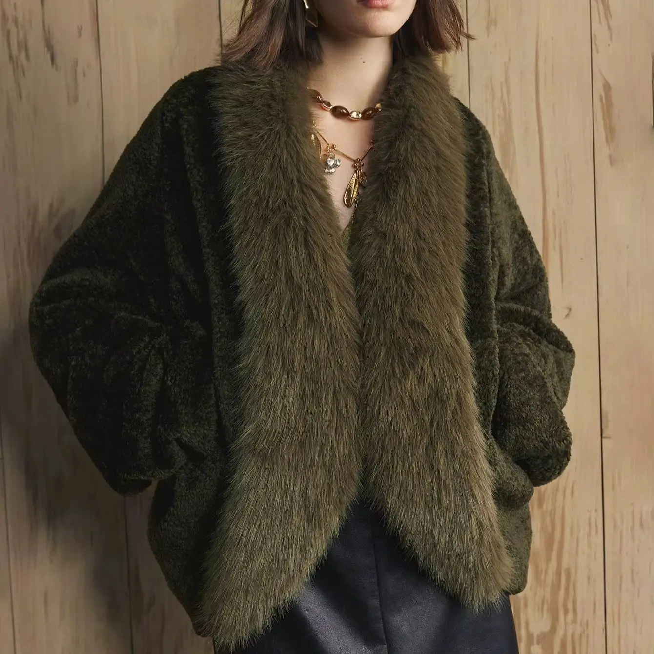 Women Olive Green Oversized Wide Shawl Collar Open Front Mid-Length Coat, Side Pockets, Winter Warm Vintage Casual Outerwear