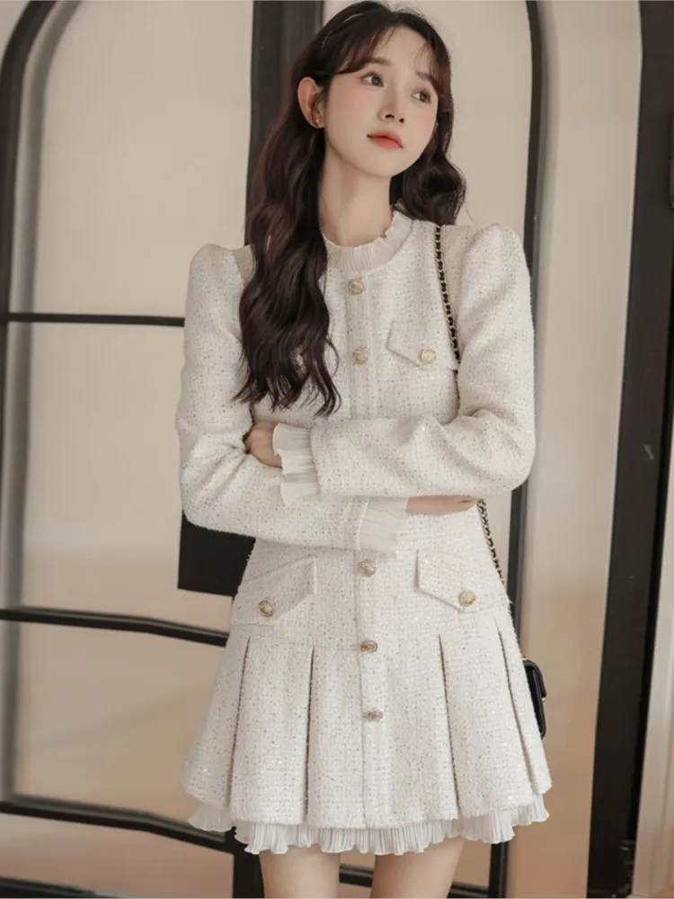 French Vintage Coat Dresses for Women Long Sleeve O-neck Ruffles A-line Short Dress Autumn Spring Korean Chic Vestidos Mujer New