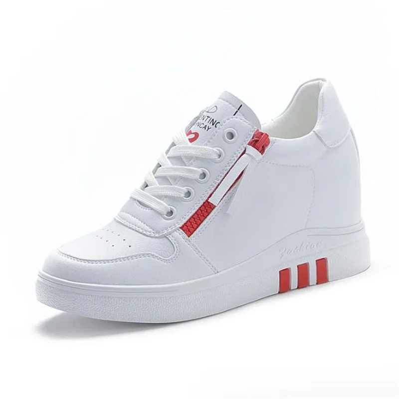 

7cm Spring Lace-up High-top Genuine Leather Shoes Women Sneaker Shoes High Heels Increase Within Wedges Casual Shoes 34 40