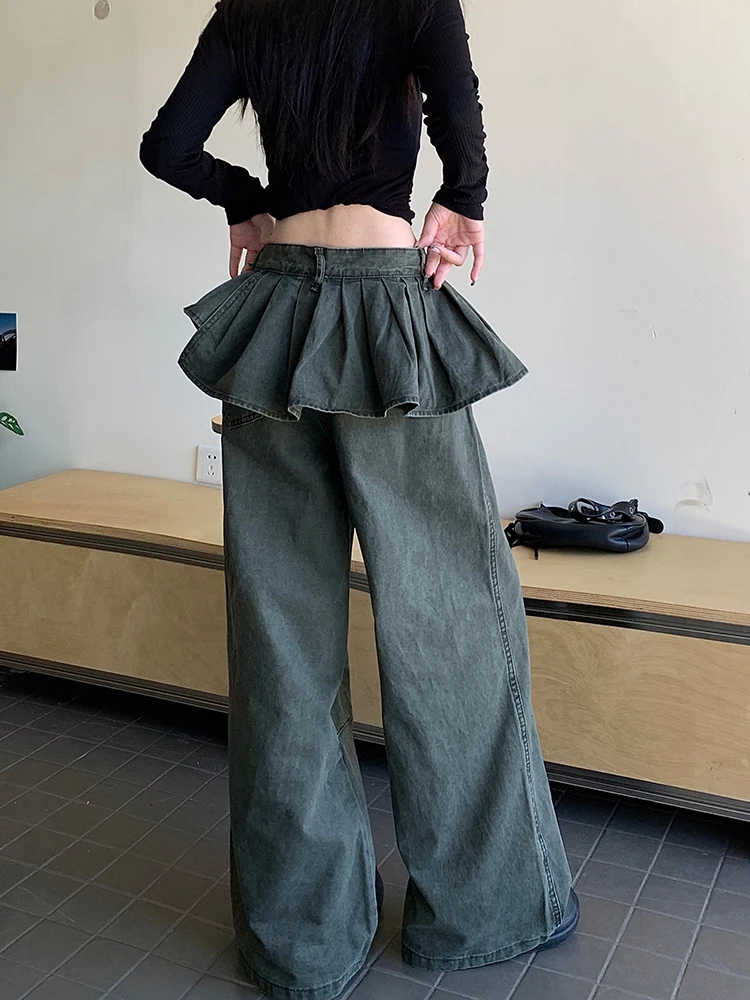 FIGOHR Korean Vintage Pleated Skirt Cover Jeans Y2k High Waist Baggy Denim Pants women high street Wide Leg Trousers