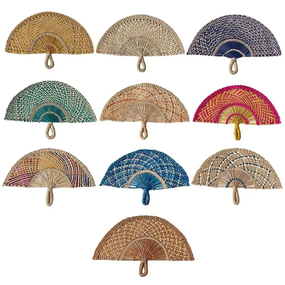 Natural Seaweed Straw Fan Handmade Semicircular Grass Woven Fan Boho Style Cooling Fan Summer