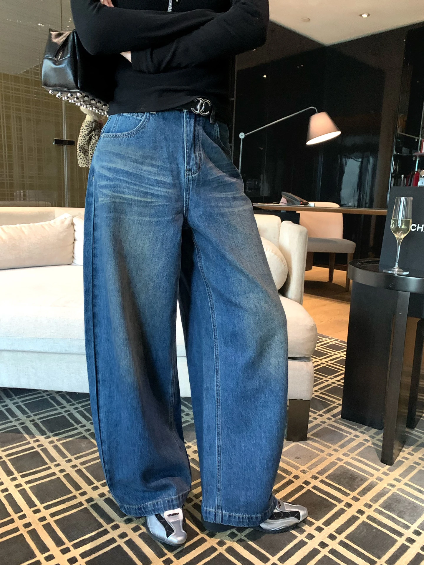 

Retro Washed Blue Denim Jeans Women's Loose Wide Leg Pants Casual Low Waist Straight Leg Cotton Trousers Spring Season