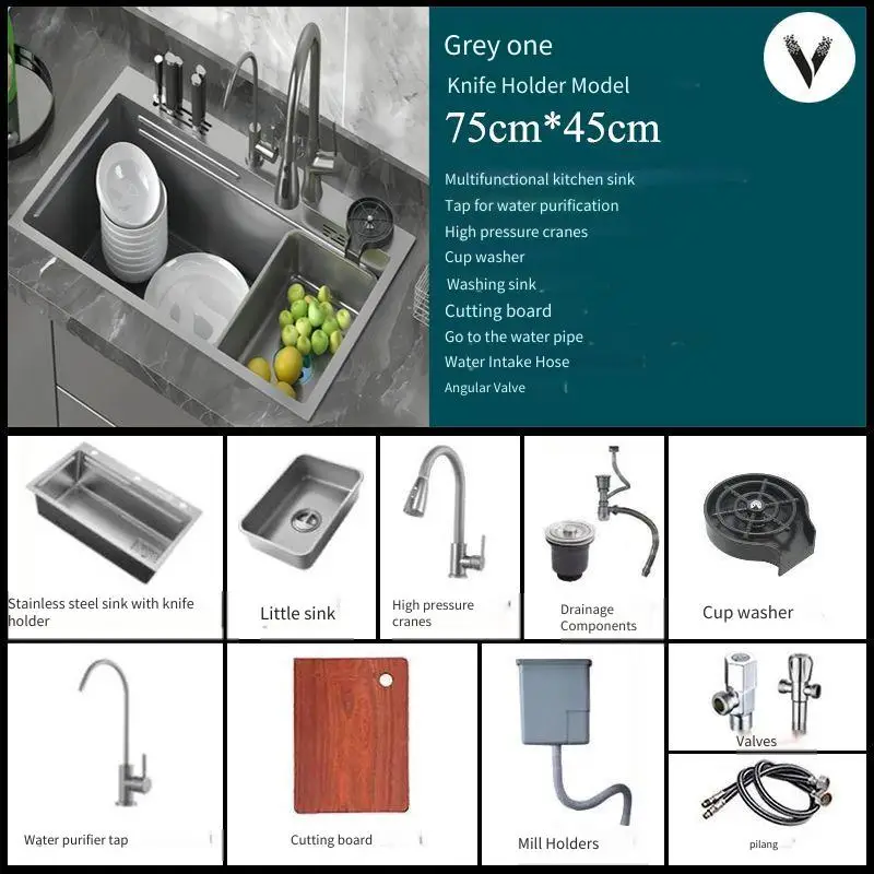 

Modern 304 Stainless Steel Sink for Kiten Furniture Large Single Slot Handmade Multifunction Embedded Nano Dish Sink