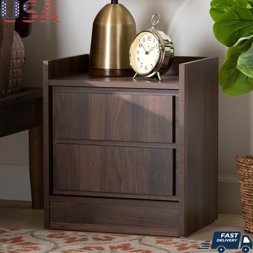 

Современная деревянная тумбочка с отделкой орехового коричневого цвета и двумя ящиками, закрытая столешница, стильное решение для хранения в спальне, простая сборка