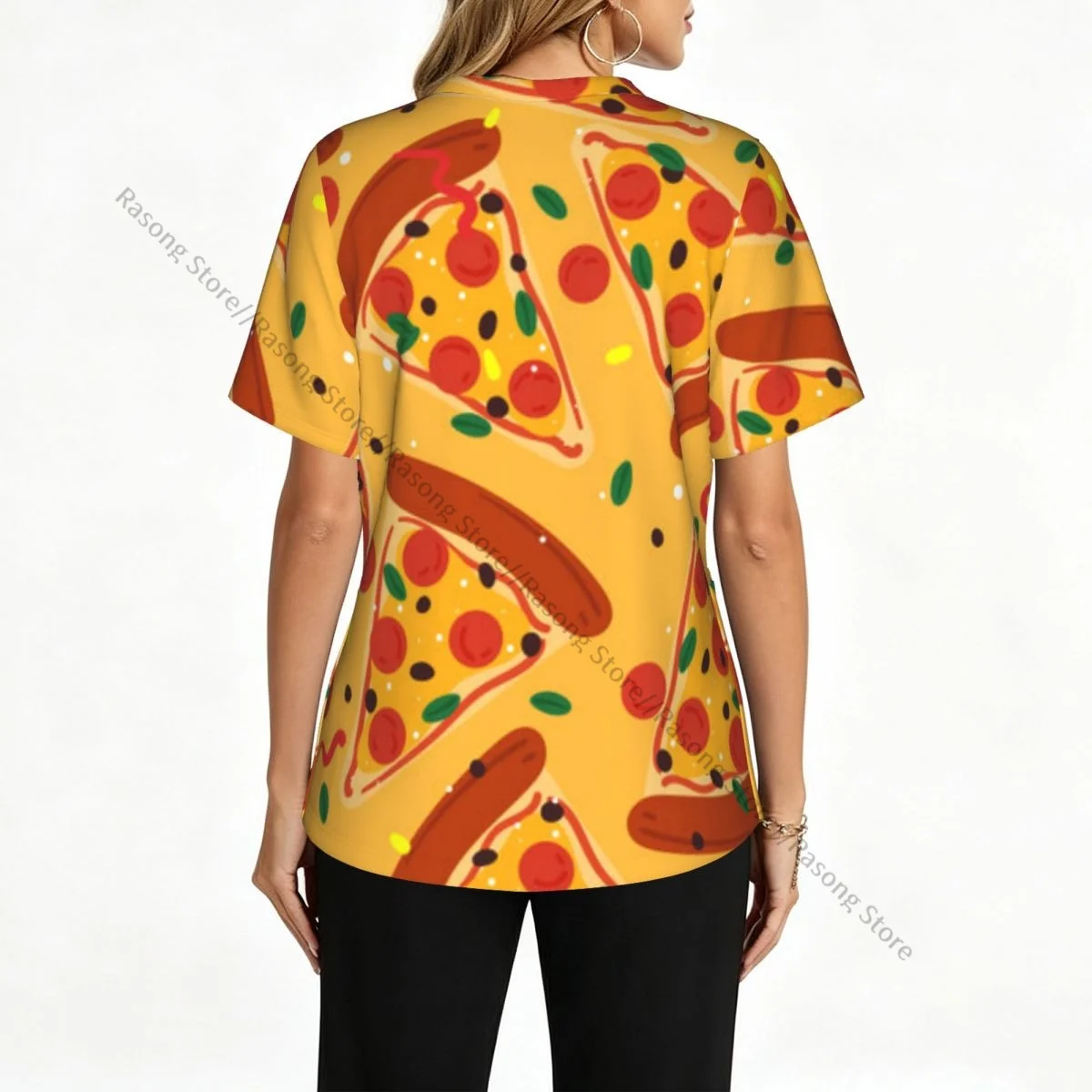 Women Scrubs Blouse Medical Nurse V-neck Clinical Scrubs Top Cartoon Pizza Cute Food Operating Room Work T-shirt