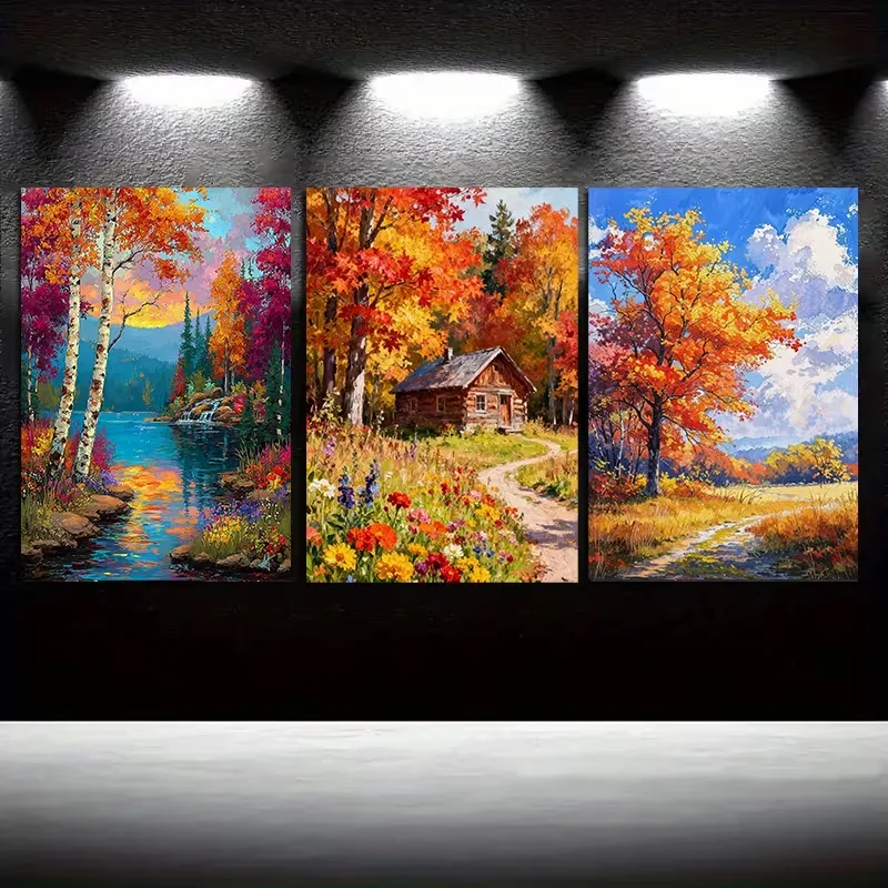 3Pcs Frameless DIY Diamond Painting Cross Stitch Countryside Forest Autumn Full Drill Triptych Diamond Mosaic Embroidery Kits