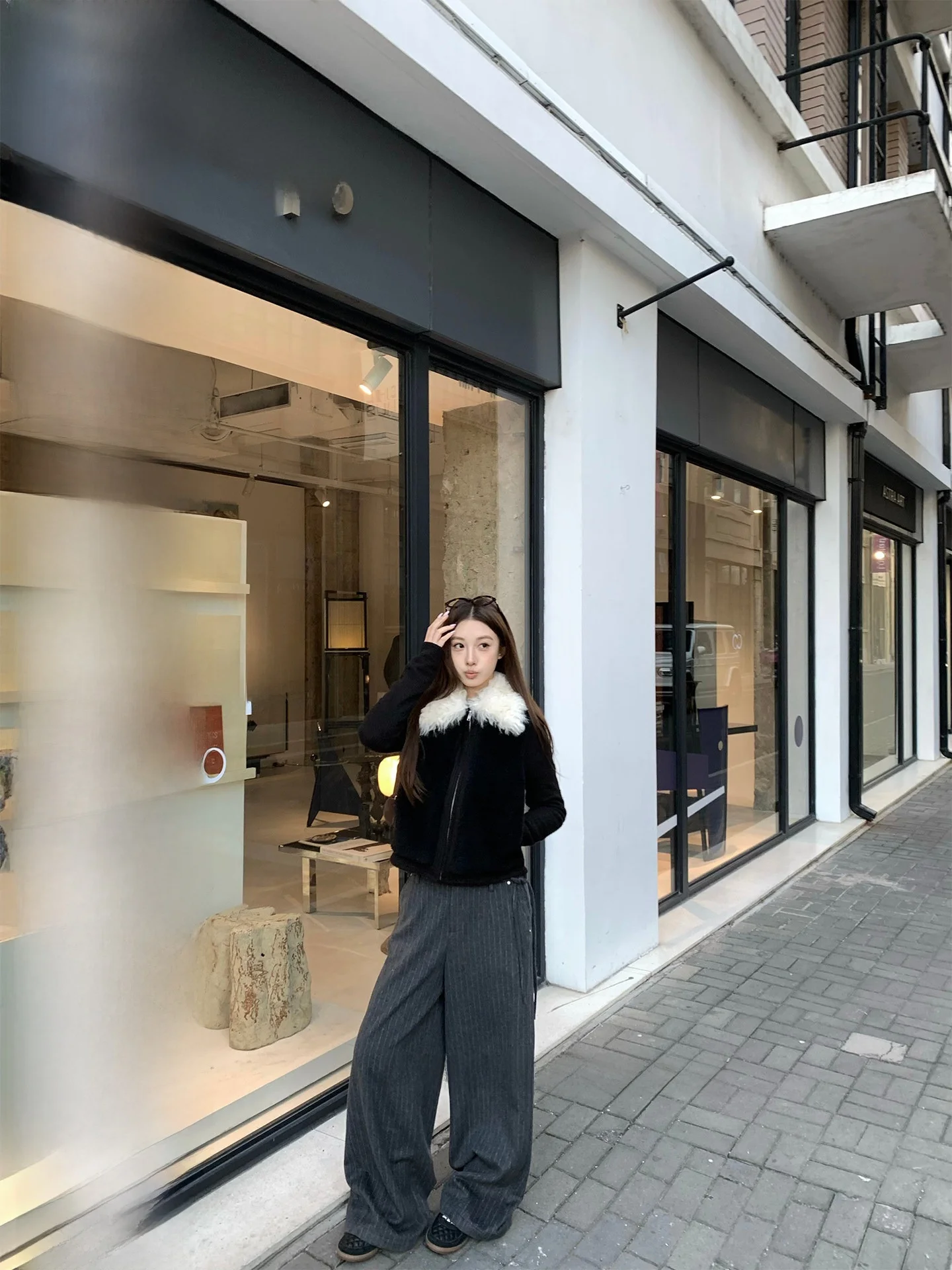 

High Waist Wide Leg Pants Women's Woolen Trousers Deep ey Stripe Casual Straight Cut Pants l Waist Dstring