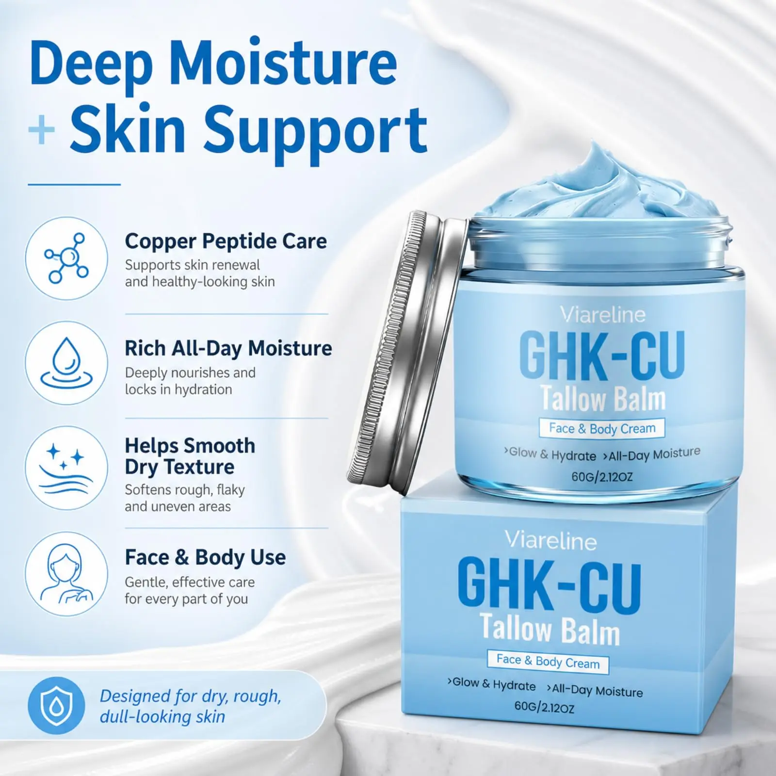 GHK-CU Copper Peptide Tallow Balm for Face Body Honey Blue Balm Hydrating Brightening Moisturizer for Mature Dry Sensitive Skin
