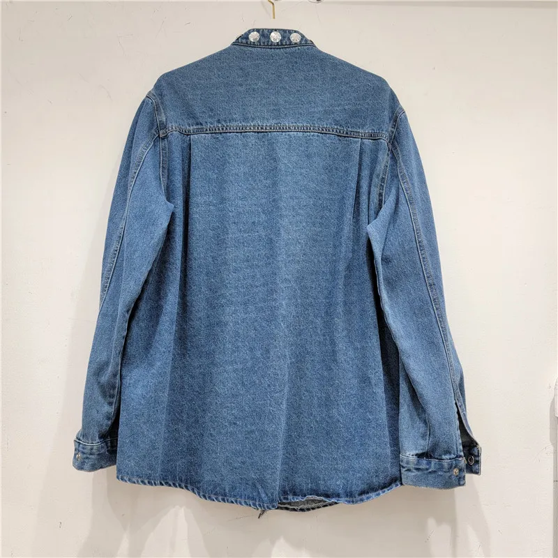 Exquisite Rhinestone Love Sequins Loose Denim Jacket 2023 Spring Autumn Mid-Length Round Neck Single-Breasted Shirt High Street