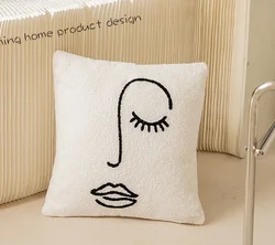 Lambswool Embroidered Cushion Cover 45x45 Nordic Beige White Abstract Art Pillowcase Light Luxury Decorative Pillows for Sofa