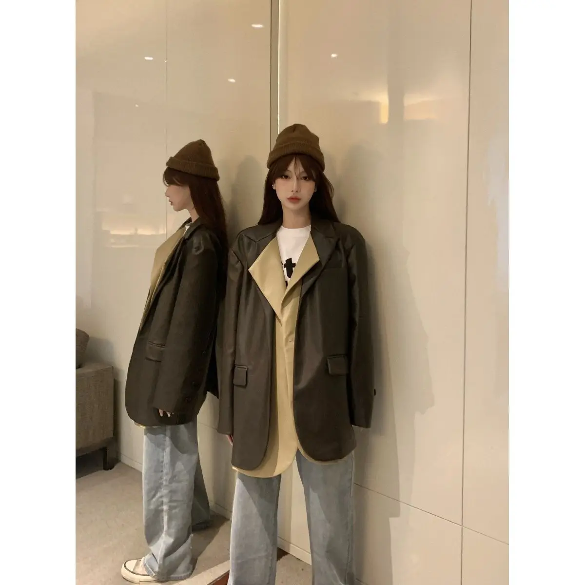 Splicing Fake Two Pieces of Leather Jacket Suit Jacket Female Autumn Winter New Korean Long Loose Hundred Take Leather Jacket