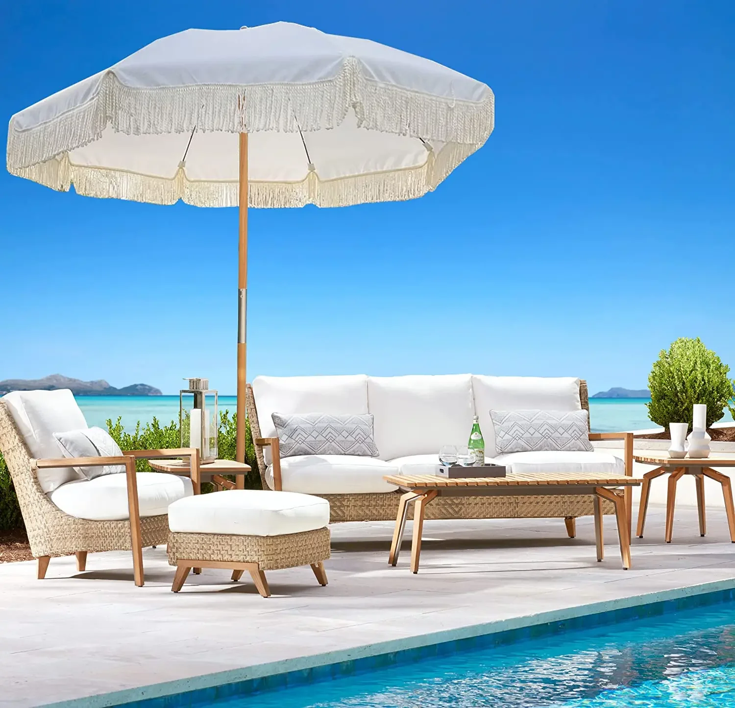 

2026 Custom Outdoor Large Pool Patio Fringe Sun Shade Parasols White Vintage Pagoda Style Market Beach Garden umbrellas With Tas