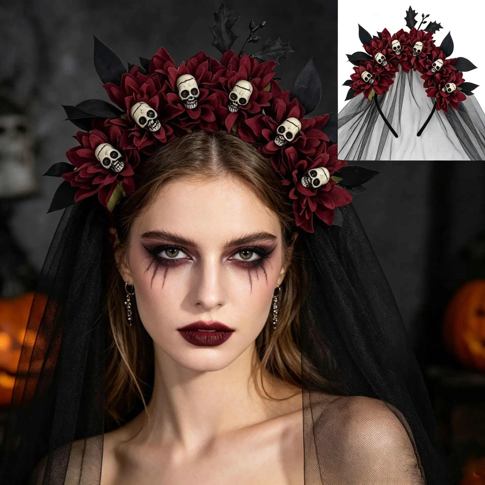 Pearl Cross-Border Halloween Party Costume Headband Women’s Witch Tulle Headband Skull Hair Clip European And American Halloween