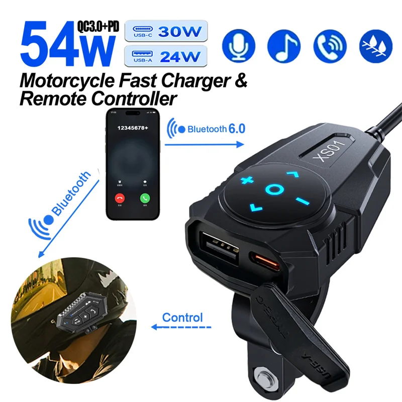 

PD QC3.0 Motorcycle Charger Handlebar USB Type C Port Power Socket 12V Waterproof Bluetooth Remote Controller For Helmet Headset