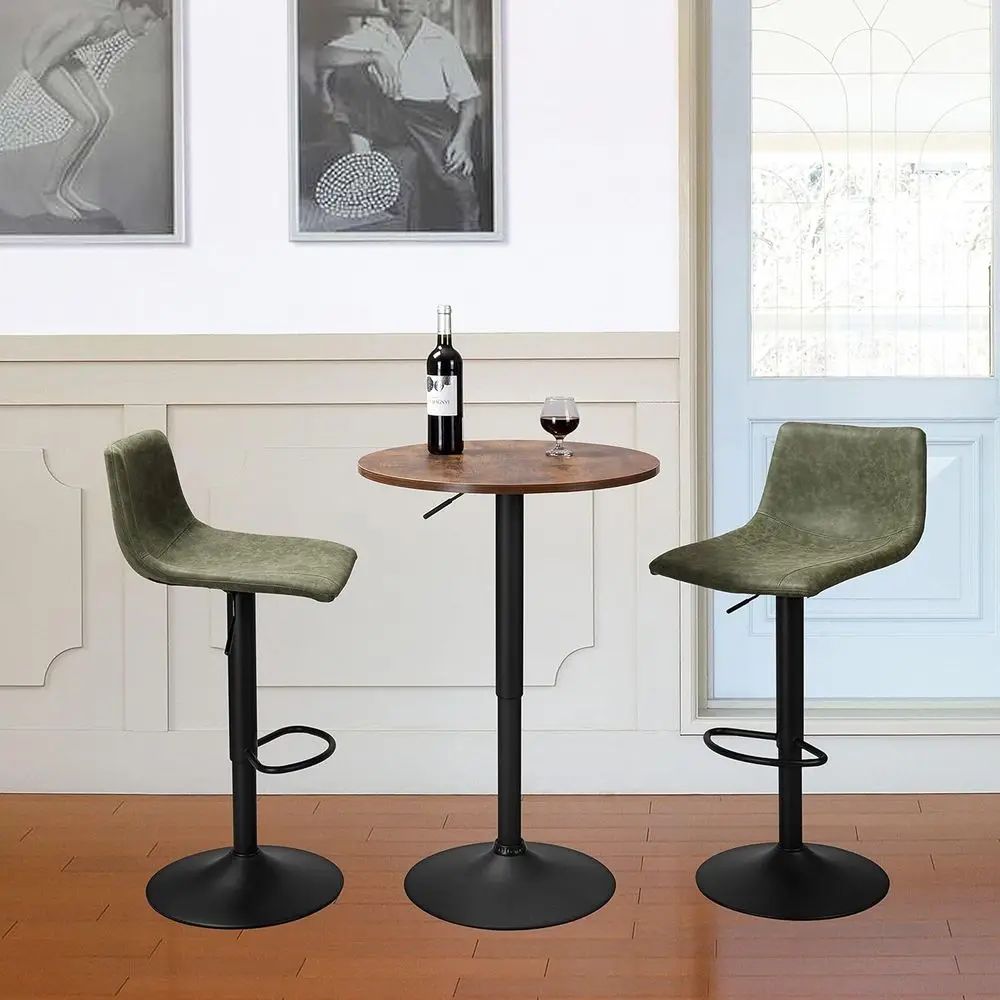 Pair of Counter-Height Swivel Bar Stools with Footrest and L-Back, Vintage Leather, Retro Green
