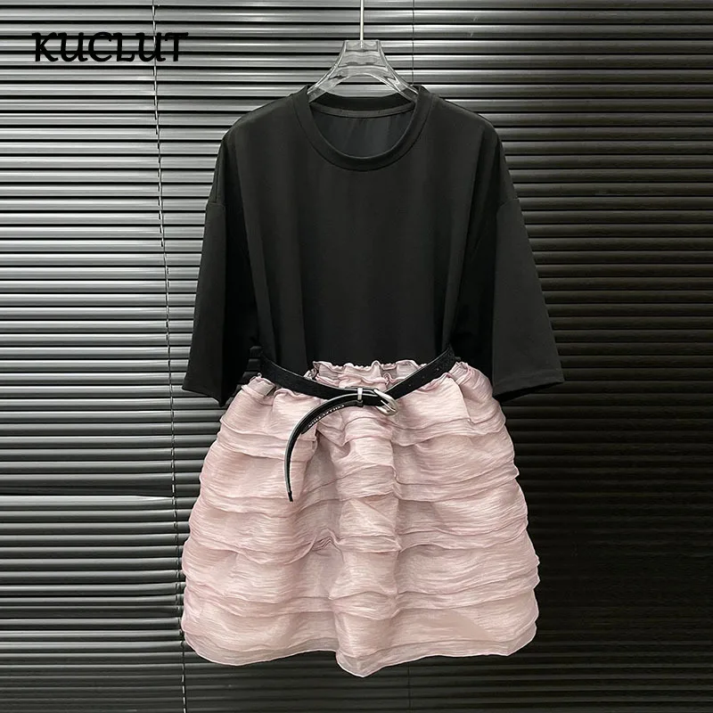 

KUCLUT Fashion Women's Patchwork Cake Dress Niche Loose Casual Contrast Color Mesh Ruffle Short Dresses Female Trendy 1A274