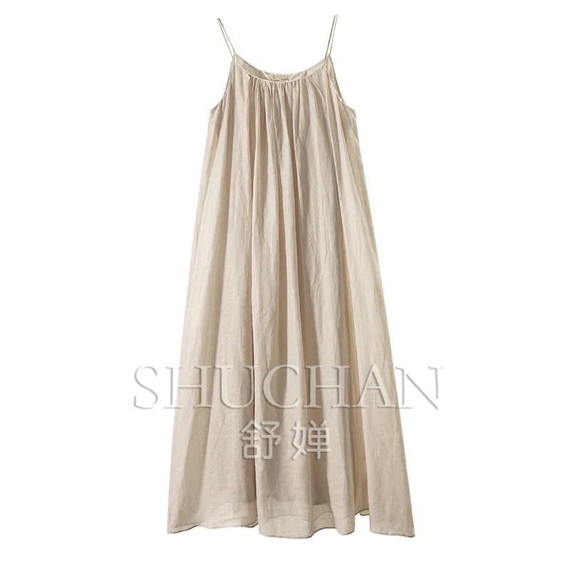 

American and European Standard Ramie Round Neck Pinch Pleated A Word Suspender Dress Women 1Y54