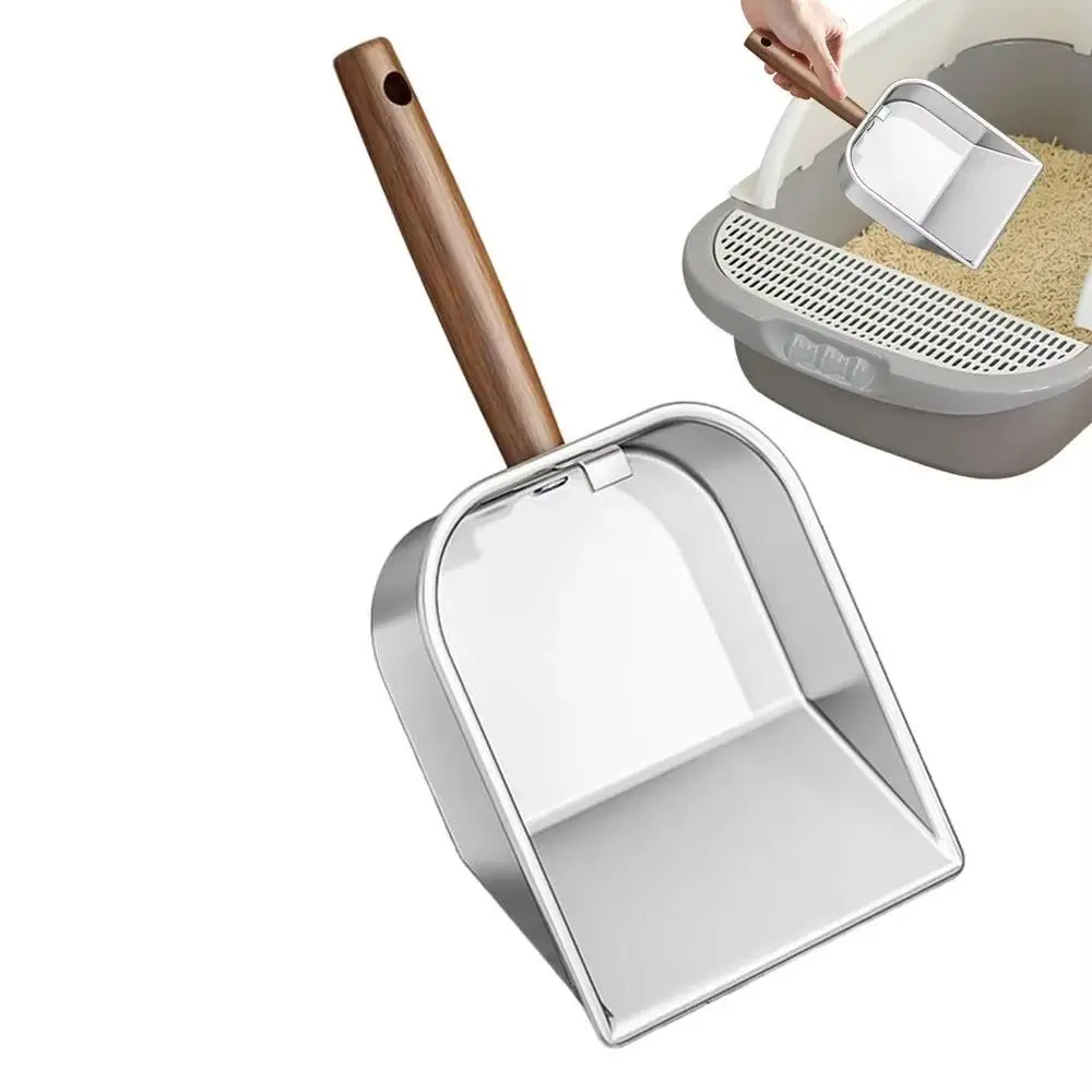 

Stainless Steel Cat Litter Scoop Long Handled Wooden Handle Pet Waste Picker Deep Shovel Hollow Design