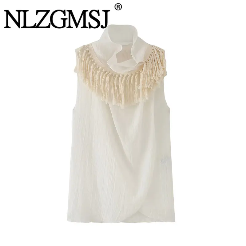 

Nlzgmsj 2026 Летняя женская винтажная блузка в стиле бохо без рукавов с бахромой и драпировкой спереди, повседневный летний топ для пляжного отдыха