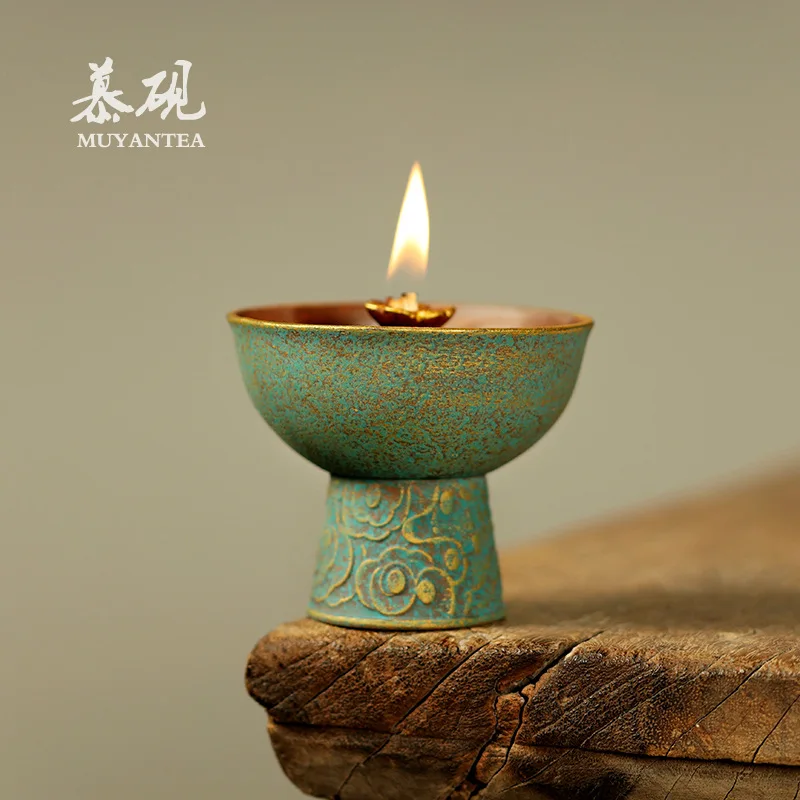 Mu Yan Handmade Ceramic Old-Fashioned Fragrant Oil Lamp, Vintage Wick Base, Household Buddha Offering Lamp