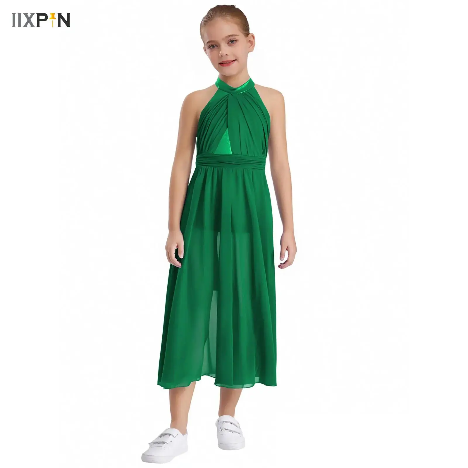 

Girls Ballet Maxi Split Chiffon Dress Dancewear Sheer Mesh Dress Zipper Back Ruched Lyrical Stage Performance Leotard Costume