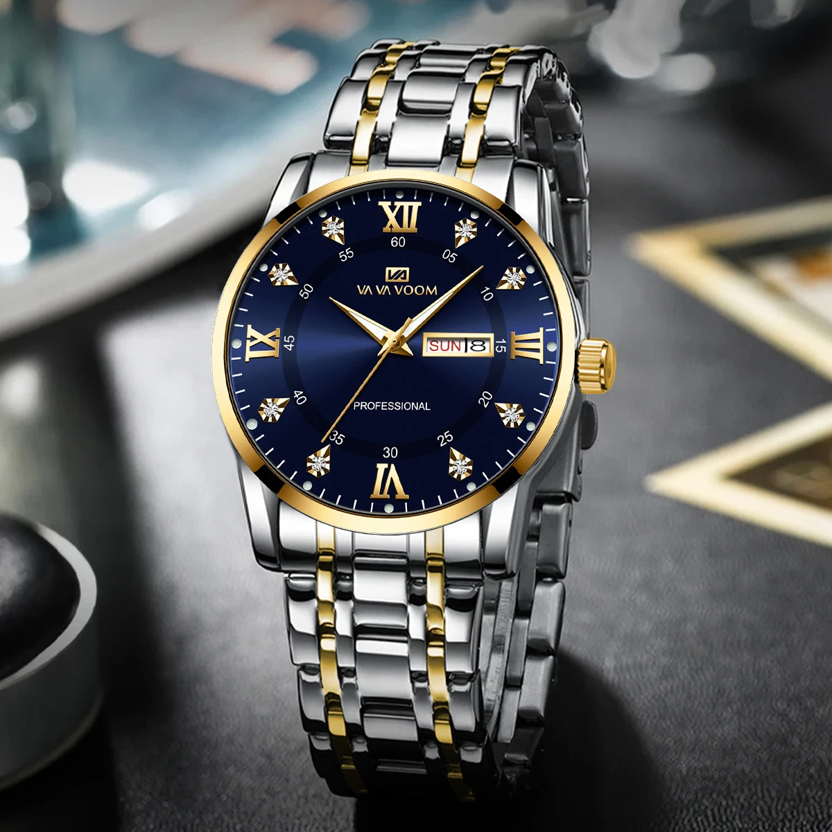 Luxurious Watch For Men US Fast Delivery Golden Black Rhinestone Moonlight Stainless Steel Business Leisure Quartz 1 Set Watches