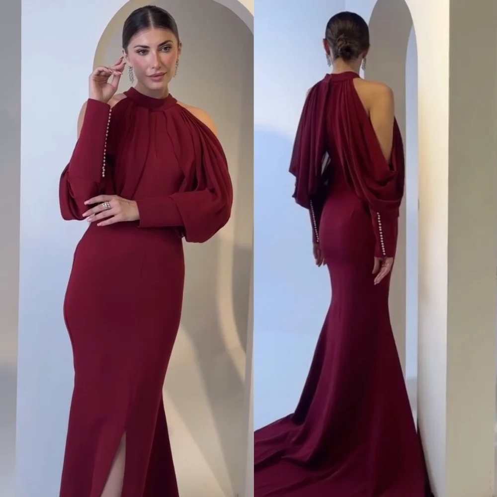 تخصيص أنيقة جيرسي زر الطية البوق الرسن فساتين طويلة مناسبة مخصصة مساء الأحجام الرسمية المتاحة