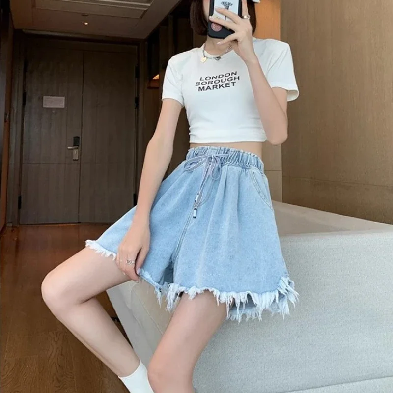 2025 Summer Denim Shorts Pant Women Fashion Solid Color Elastic High Waist Loose Thin Versatile Short Woman