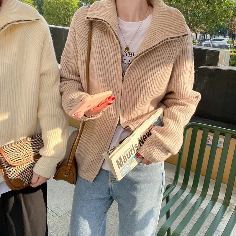 Cardigans Women Baggy 6 Colors Ulzzang Solid Zip Simple Designed Students Sweet Warm Knitted Harajuku Lapel BF Popular All-match