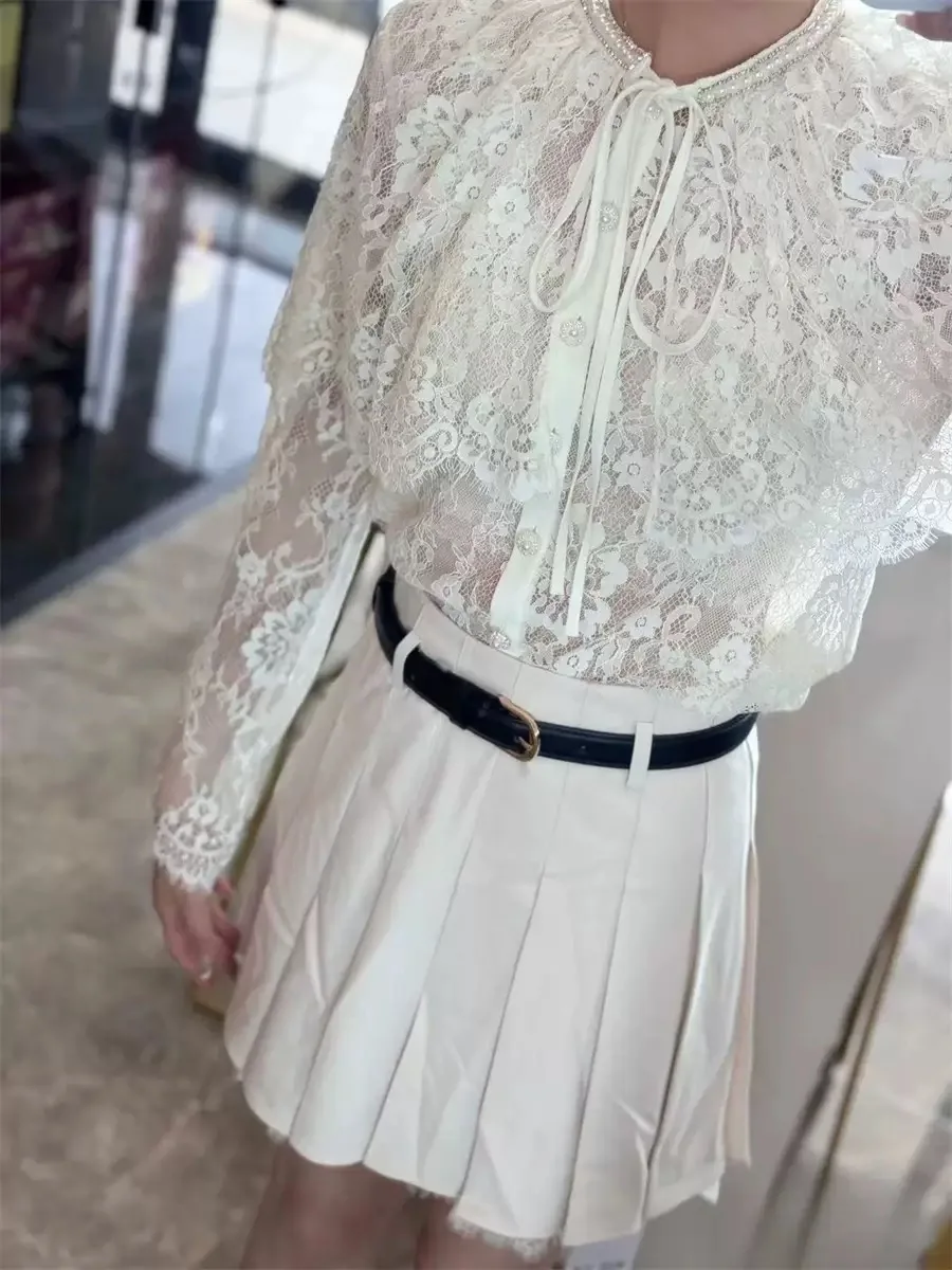 

White Lace Shirt SP2025 Early Autumn New Style Diamond Decorated Cowl Neck Long Sleeve Women's Fashion Top Straight Cut Cardigan