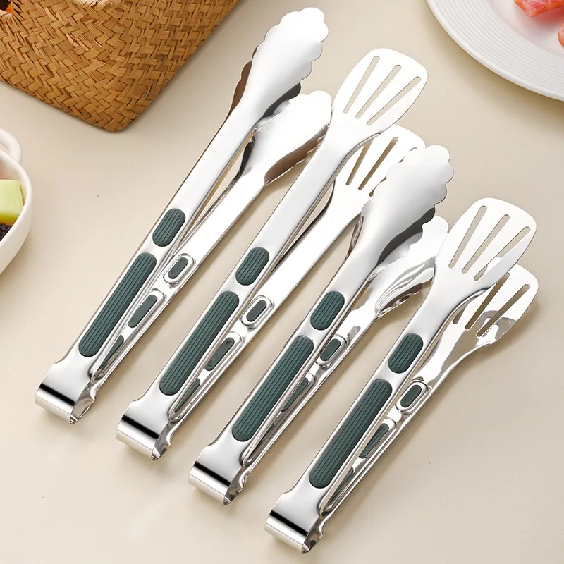 Withered Cross border 304 green handle silicone three wire clip barbecue clip stainless steel anti slip and heat-resistant food