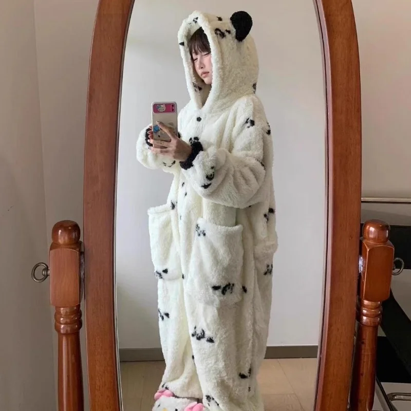 Funny Cute White Panda Pajamas One-piece Cral Fleece Thick and Warm Home Wear Autumn Winter for Women Halloween Christmas Gifts