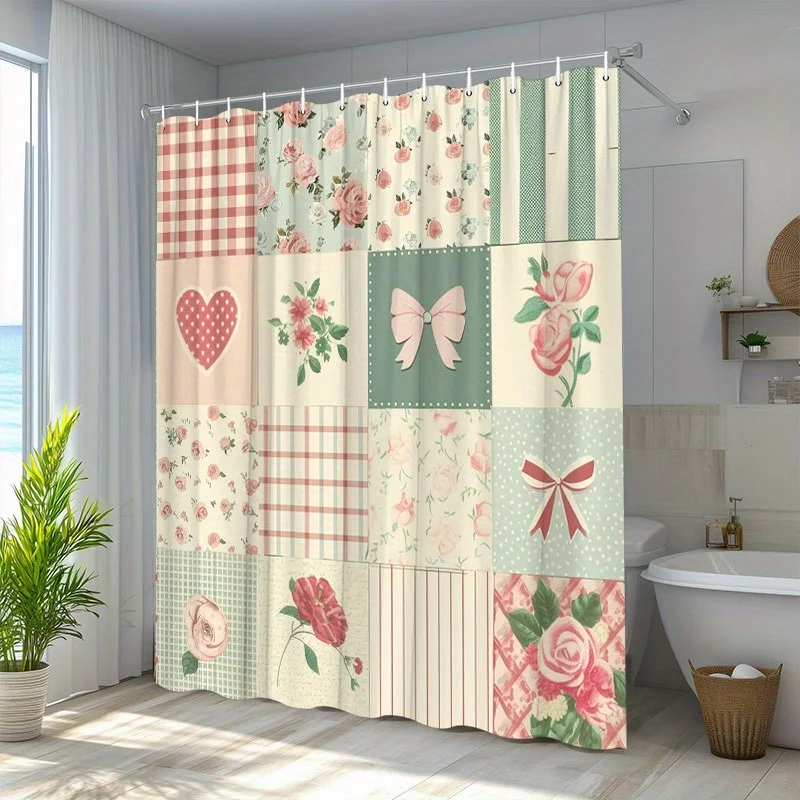 Patchwork Floral Hearts and Bows Shower Curtain Machine Washable All Season Waterproof Privacy Protection Vintage DesignCottage