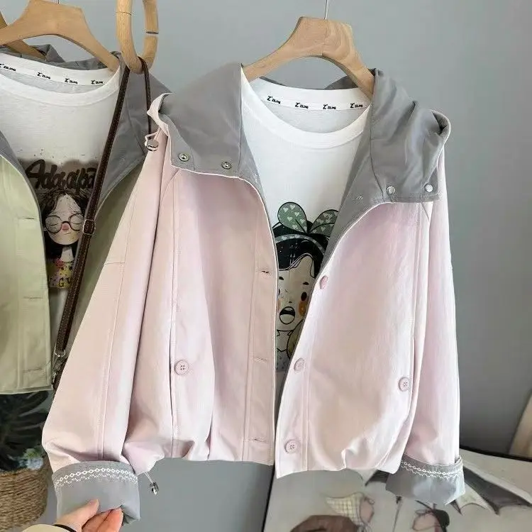 

Contrasting Hooded Coat Female 2026 Spring Autumn New Korean Jacket Loose Casual Overwear Windbreaker Short Women's Outcoat Tide