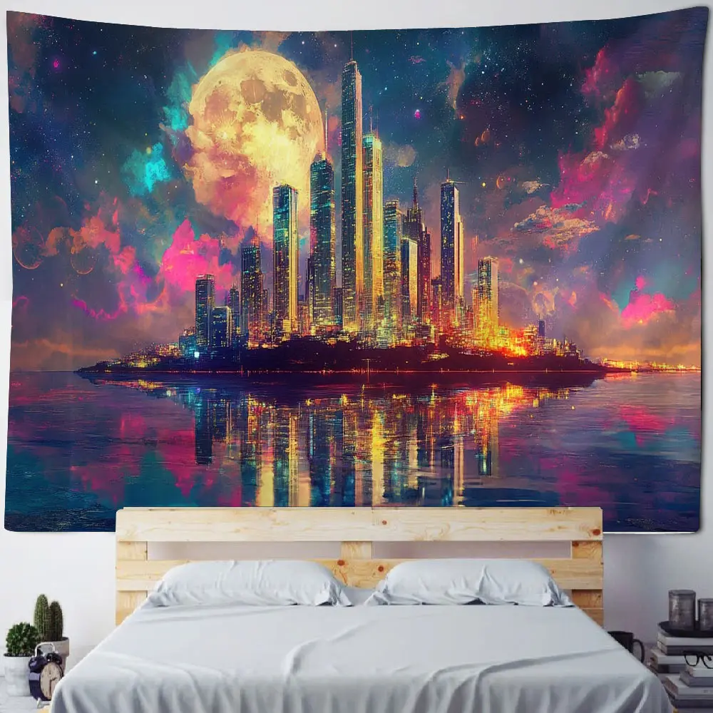 Urban neon lights, lake reflections, oil paintings, landscape decorations, tapestries, home decor under the starry night sky