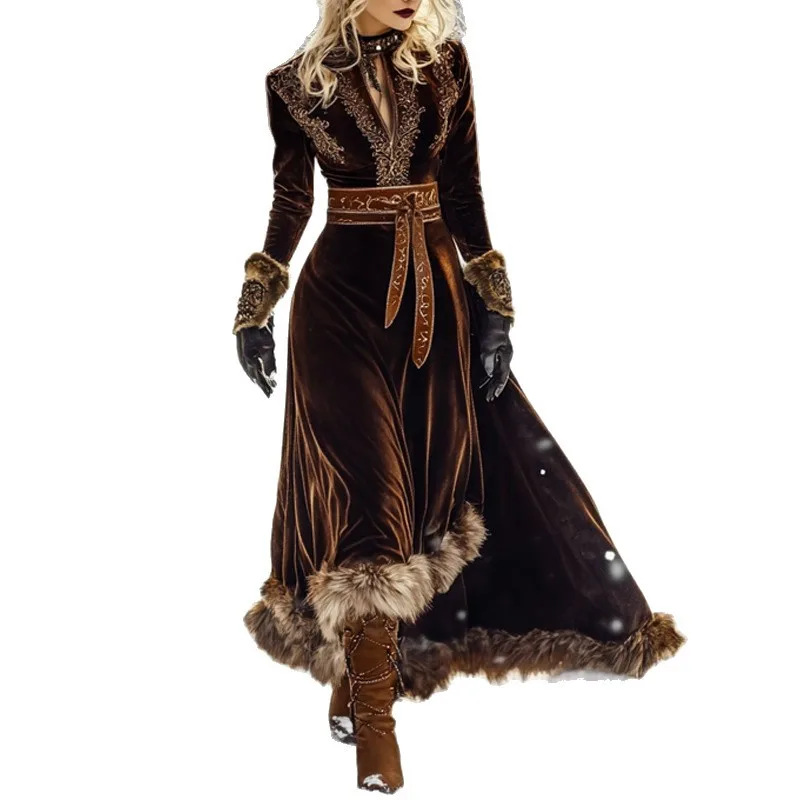 Faux Pelz Kragen Gürtel Taille Cut Out frauen Herbst Winter Neue Elegante Langarm Retro Rundhals Kleid