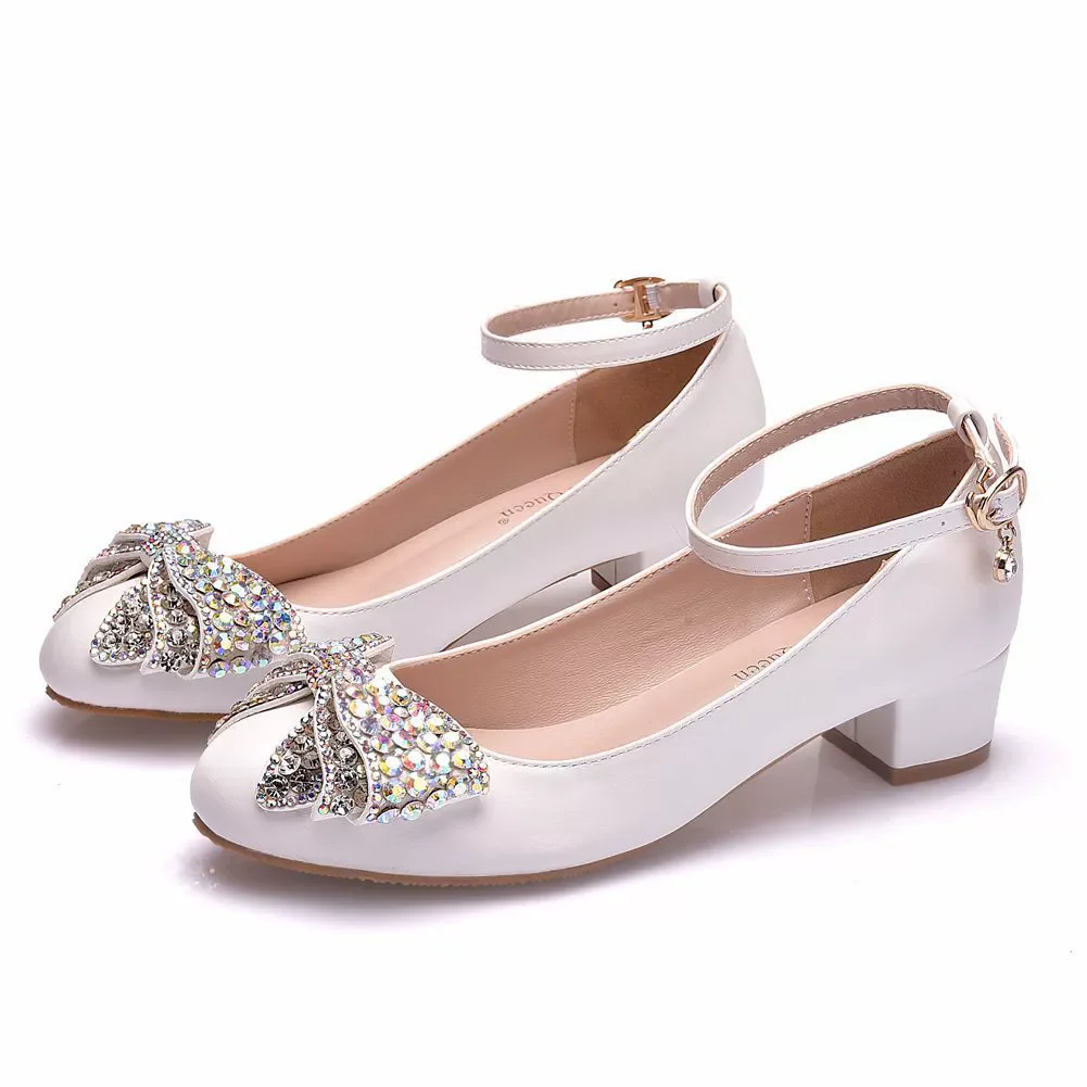 

Spring and summer round toe rhinestone bow pearl chain square heel single shoes banquet large size thick high-heeled women shoes