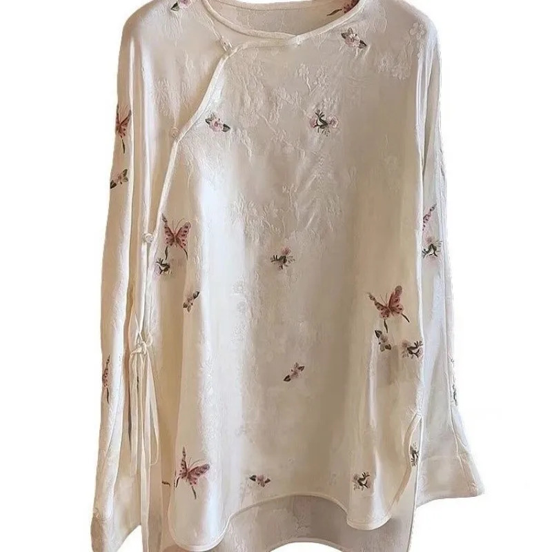 2025 New Spring Long Sleeve Jacquard Blouse Women O Neck Cardigans Chinese Style White Soft Shirts Thin Loose Female Tops 2