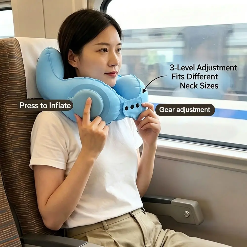 Adjustable Inflatable Neck Pillow Foldable Soft Travel Pillow Relieve Neck Pressure Ergonomic Airplane Neck Pillow for Sleeping