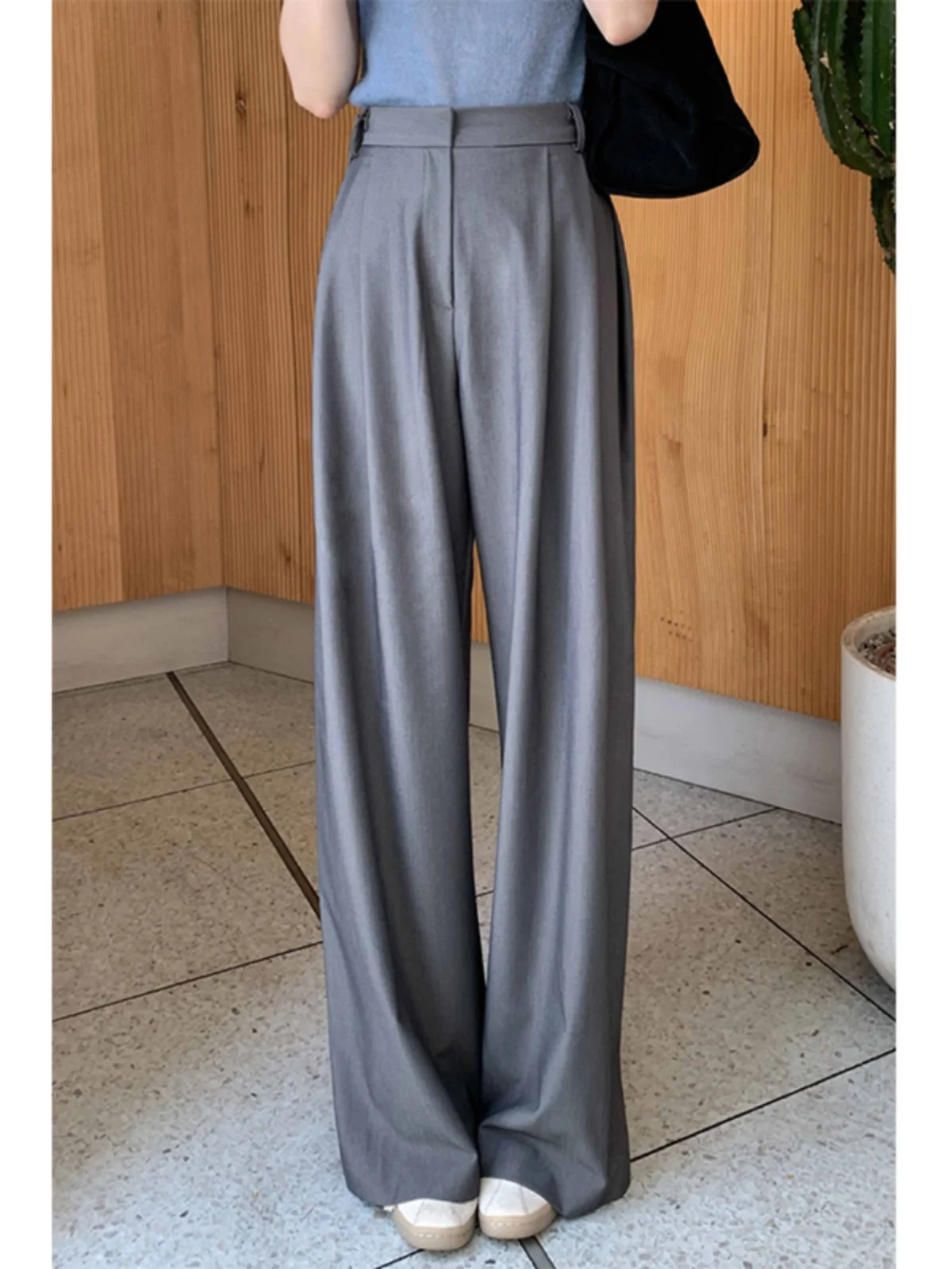 Gray Wide Leg Pants Women's Slim Board Summer Thin Korean Style Suit Pants Drapey Commute West Pants High Waist Casual Pants