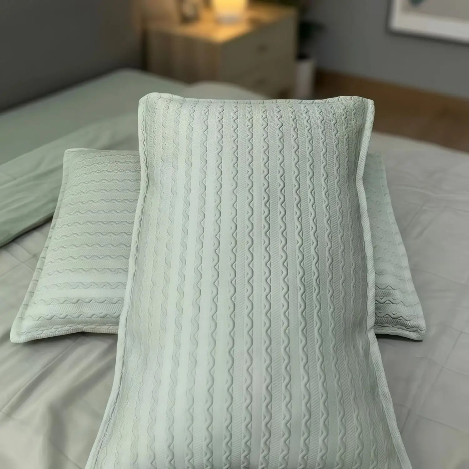 2Pcs Light Green Cooling Pillowcases, Wave Quilted Soft Breathable Pillow Covers For Bedroom Bed, Summer Smooth Comfortable