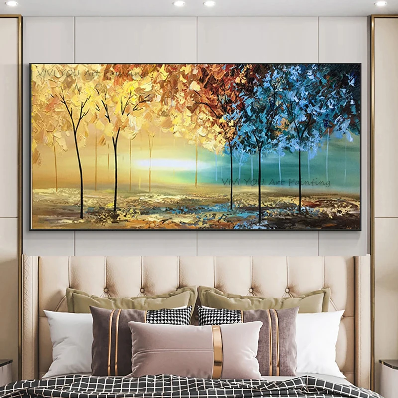 100% Handpainted Abstract Thick Textured Yellow And BlueTree Oil Painting  On Canvas Wall Art For Living Room Home Decor