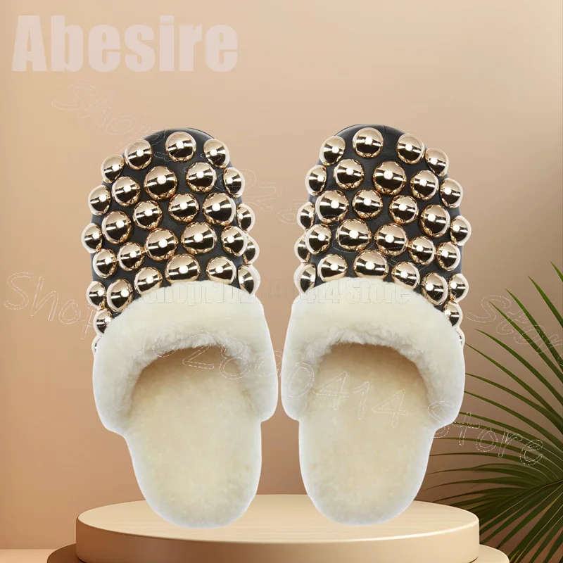 

Gold Round Rivets Decor Lamb Wool Slippers Slip On Women Shoes Low Top New Fashion Party Banquet Dating 2024 Zapatos Para Mujere