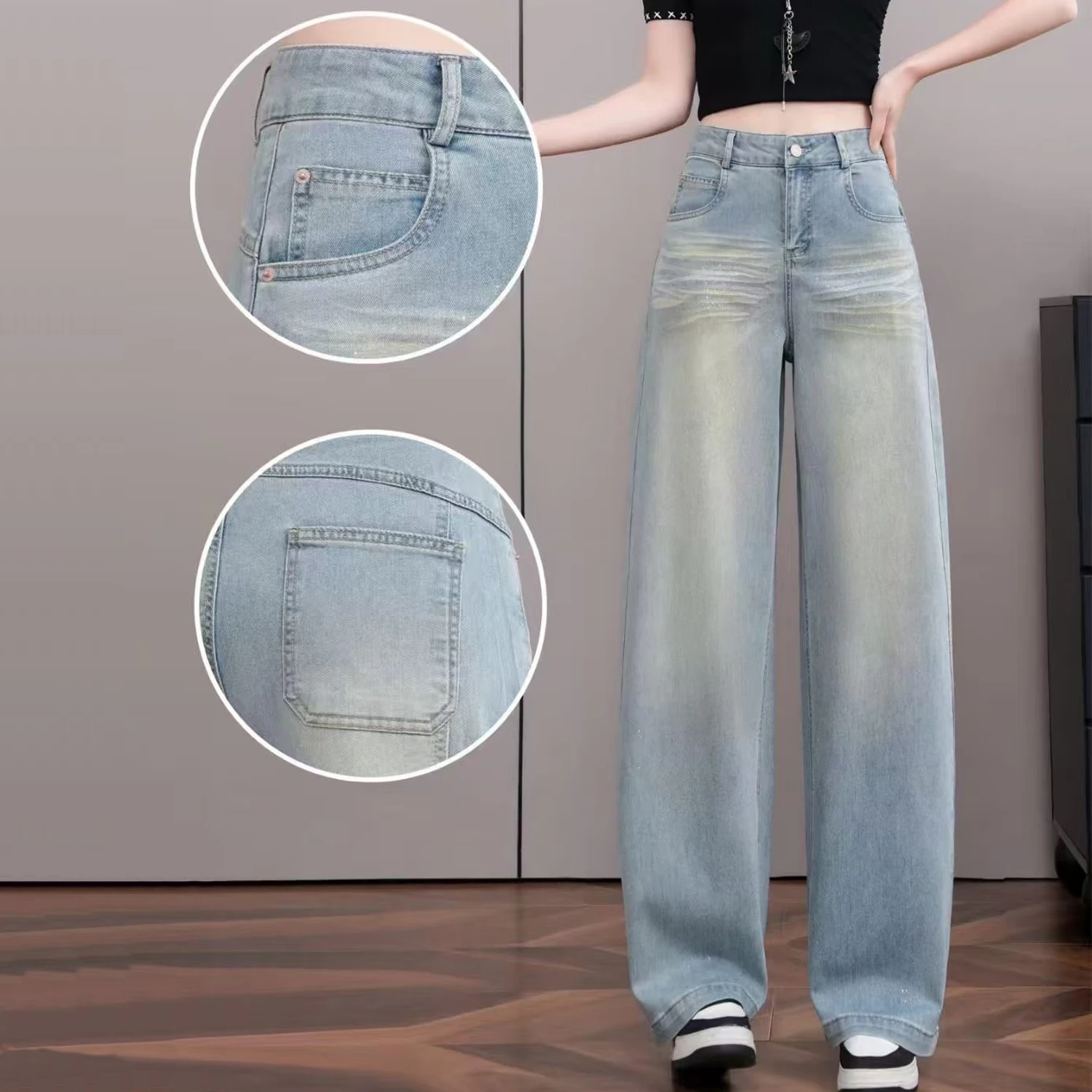 

2026 Summer Pants, Women's High-Waisted Loose Wide-Leg Jeans, Light Blue Denim Straight-Leg Trousers