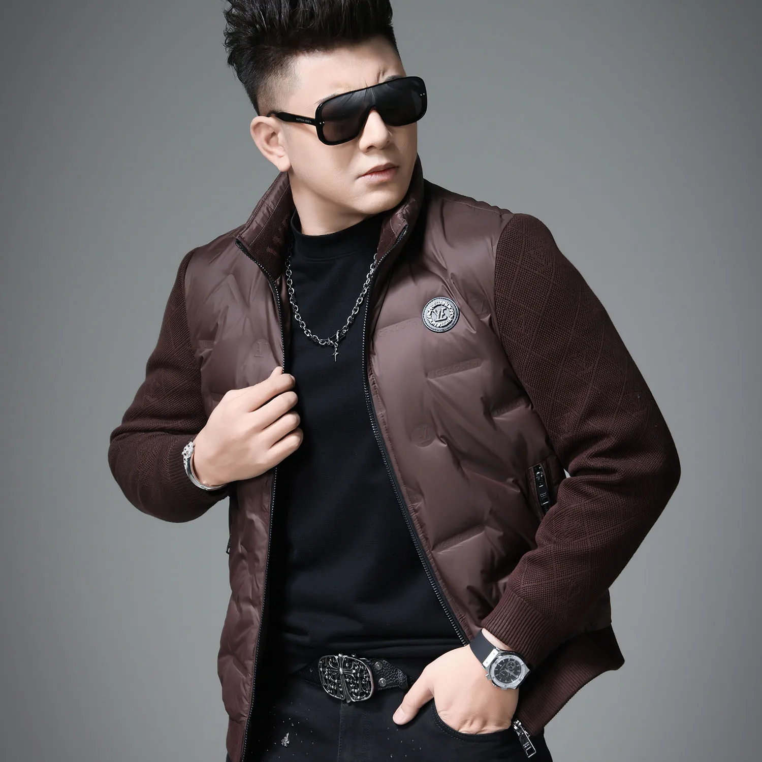

American Sle Winter New 2026 Stand Collar down Jaet Casual Knitted Sve Patchwork Slim Fit Warm Men's Outerwear Coat